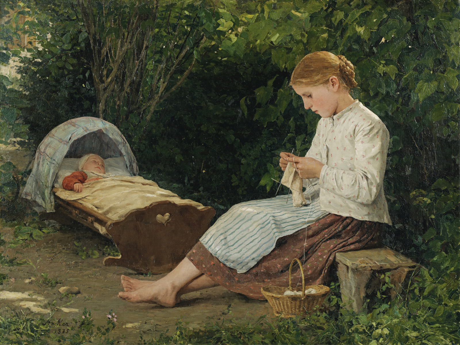  knitting girl watching the toddler in a craddle